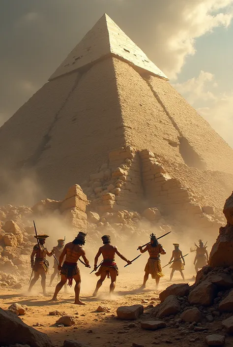 The condition of a ruined pyramid with several Egyptians engaged in battle. Make the pyramid more destroyed and the people more chaotic 



