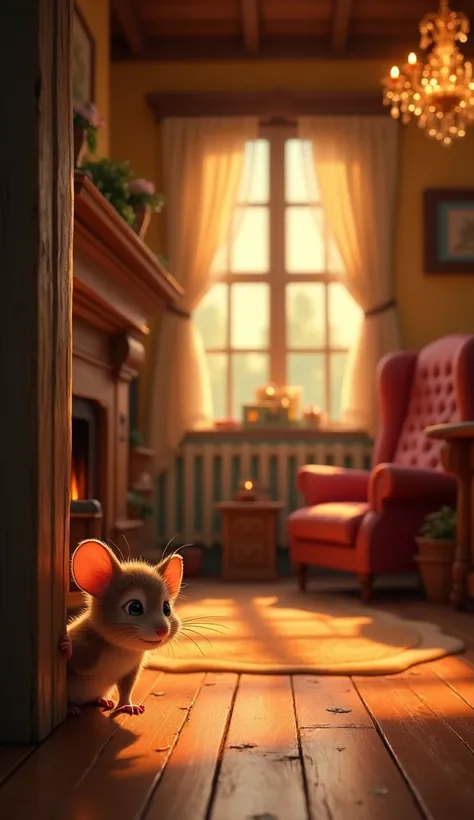 A cozy cottage with warm, inviting lighting. Pip, a small brown mouse, is peeking out from behind a baseboard. 3d disney style