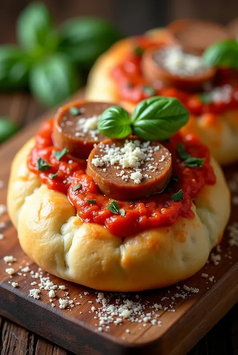 It&#39;s a bread dough with a creamy tomato and basil sauce., enriched with pieces of Italian sausage and parmesan cheese