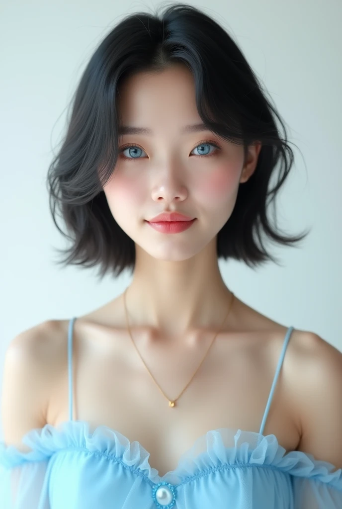 Selfie,photorealistic,Very detailed, Very realistic, Hyperrealism, Ultra-realistic, Best Quality,(masterpiece,Soft lighting, Stylish eyes with attention to detail: 1.2),(cute),Sleeveless,Sheer off-shoulder light blue tutu,,Fashion studio white background,S...