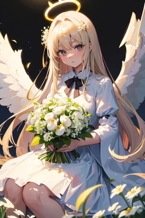 horse　Thoroughbred　栗毛のhorseの女の子　Gold Mane　Black, round eyes　Angel Halo　Pure White Wings　White Gypsophila flower field　Soft atmosphere　優しく微笑むhorse　horse単体