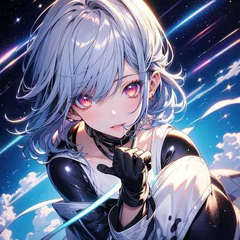 colorful、Hot summer day、Silver Hair,Cyber Suit,Shiny,1 girl, eye, close, Beautiful night sky, Meteor Shower, Beyond the Clouds, Surrounded by water, reflection, Wide Angel, Breathtakingly beautiful clouds, Wide angle, High resolution, Volumetric lighting, ...