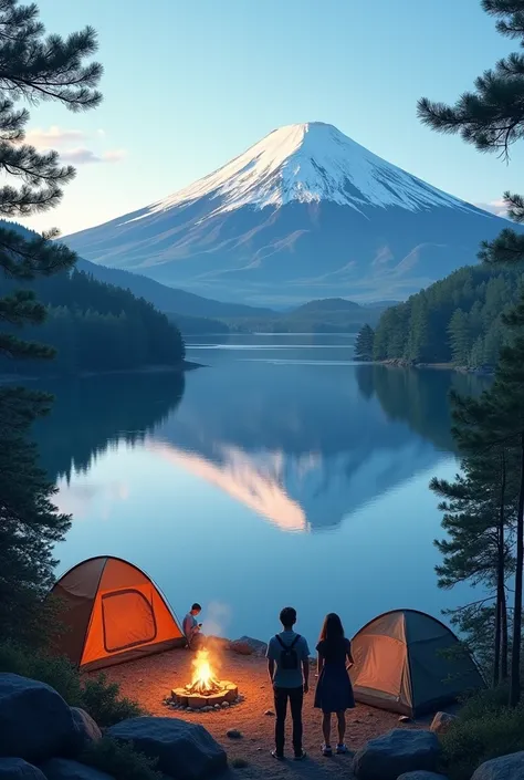 Camping at Lake Yamanashi, Mt. Fuji and inverted Mt. Fuji