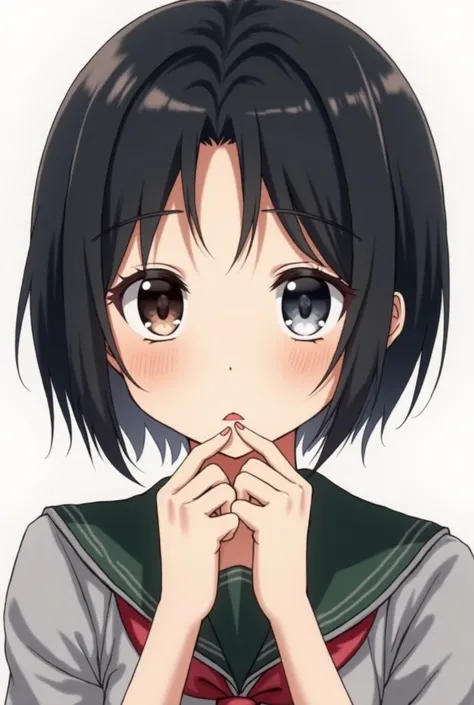 I&#39;d like to draw an illustration of a Japanese middle school student with short black hair, parted in front of the bangs, brown hair, droopy eyes, black and white heterochromatic eyes, like the one in Hololive.
