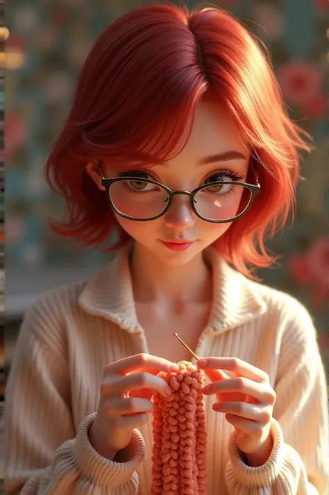 Woman with short red Chanel hair wearing glasses crocheting Pixar 