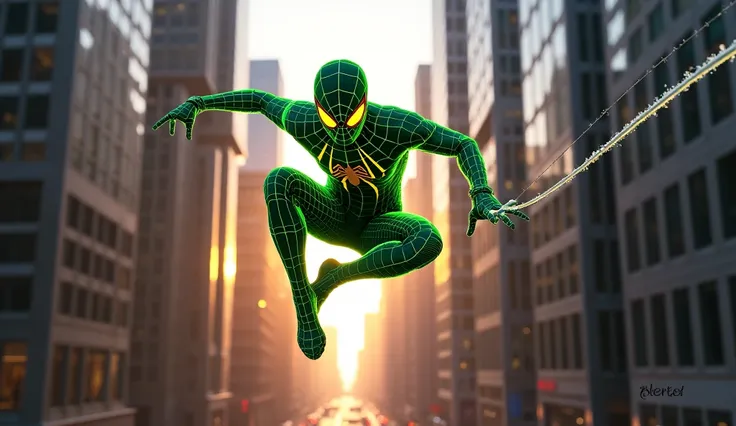 Spider man swinging across the buildings using a web.neon green spider man suit.day time 