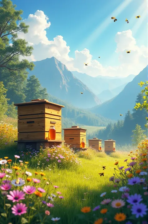 Sunny day. Beehives on a mountain flower meadow. on the beehive, honey in a jar. bees fly around.