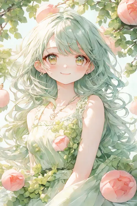 anime smiling girl with long green hair and green dress sitting in a tree, detailed digital anime art, beautiful anime portrait, beautiful anime art style, open mouth, beautiful anime girl, cute anime girl portraits, soft anime illustration, clean detailed...