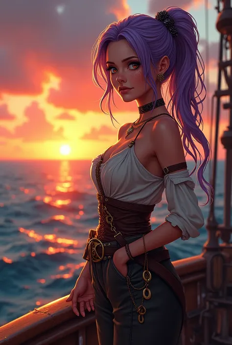 A female pirate with pastel purple hair, with amber eyes and freckles. She stands on the bow of her ship and watches the sunset with a glass of rum in her hand..