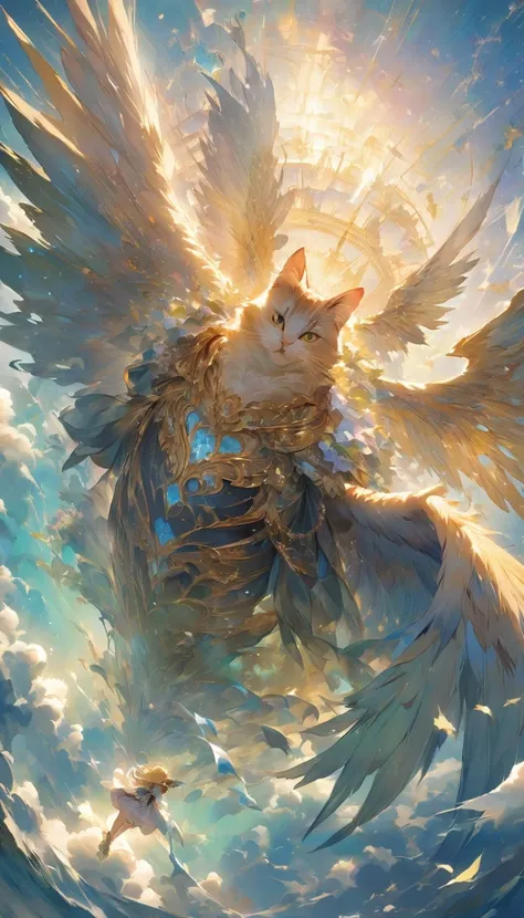 ((Best Quality))、((masterpiece))、(detailed)、8k、「Floating Island々is a series of、A different world towering above the sea of clouds。The woman is taken aback by the magnificent sight before her.。Beside her、A cat with golden fur、He walks calmly as if he knows ...