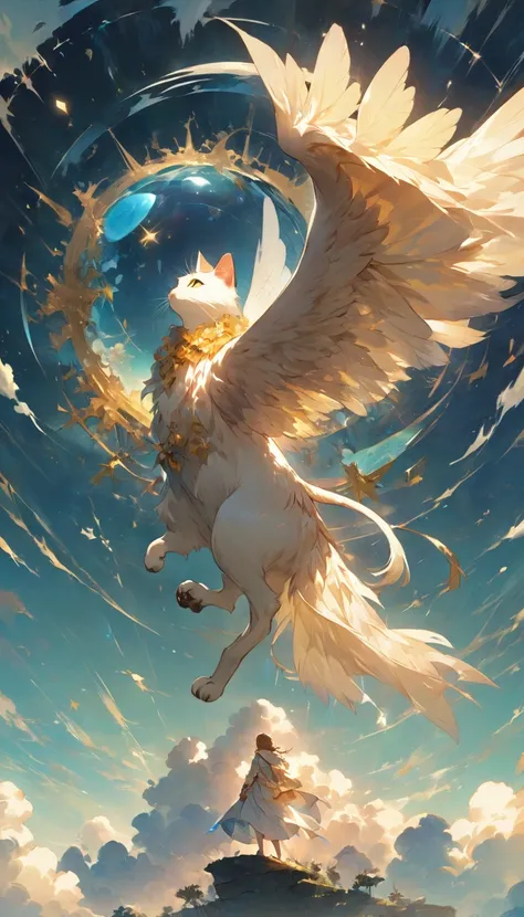 ((Best Quality))、((masterpiece))、(detailed)、8k、「Floating Island々is a series of、A different world towering above the sea of clouds。The woman is taken aback by the magnificent sight before her.。Beside her、A cat with golden fur、He walks calmly as if he knows ...