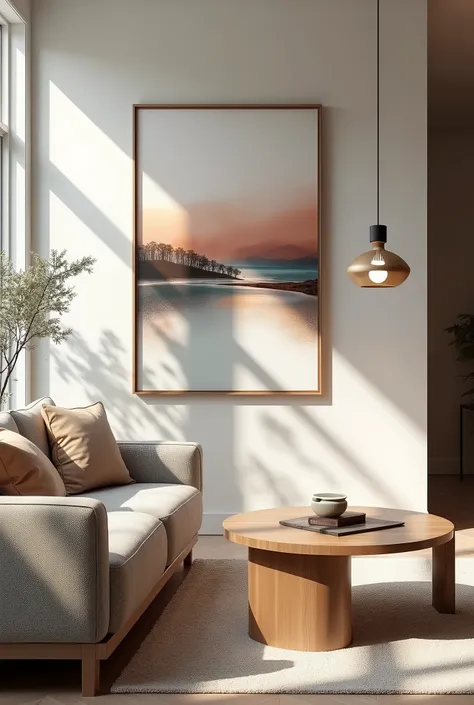  Create a mock-up of a modern living room viewed from a side angle, focusing on a large, framed landscape artwork on the wall. The room should feature contemporary furnishings, with a cozy sofa partially visible from the side, along with a sleek coffee tab...