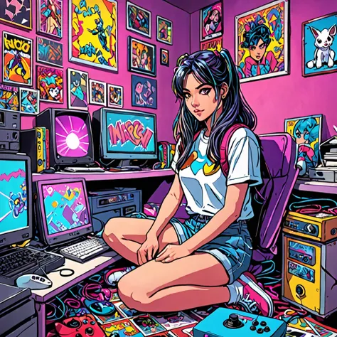 comic Create a vivid and nostalgic 80s-inspired misc hand-drawn illustration of Artgerms comics art style, featuring a young gamer girl with an alluring appearance, She is immersed in her bedroom at night playing retro games under the soft light from her c...