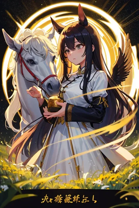 horse　Thoroughbred　栗毛のhorseの女の子　Gold Mane　Black, round eyes　Angel Halo　Golden Wings　White Gypsophila flower field　Soft atmosphere　優しく微笑む金色のhorse　horse単体　金色のhorse　Moonlit Night　Meteor Shower　　深夜に輝く金色のThoroughbred