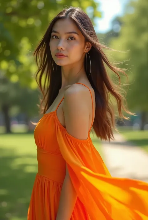 A woman, at park, Sunny day, orange dress, raw, UHD, 8k, (close range:1.1), head, Highly detailed face, Beautiful eyes