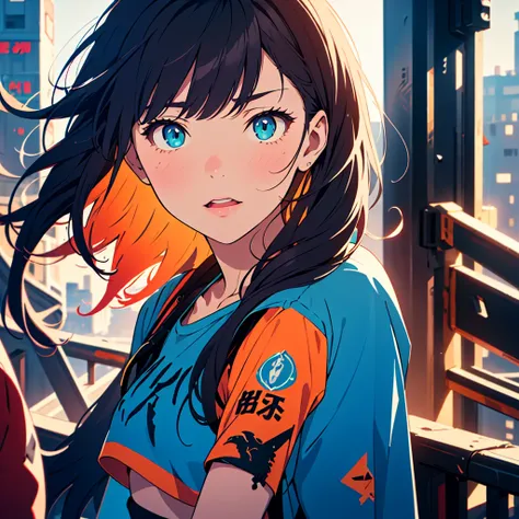 Masterpiece, high-quality, Anime girl with long black hair and bangs, pale skin, wearing a graphic tee and distressed denim shorts, barcode tattoo on midriff, three-quarter view portrait. Break, Cyberpunk cityscape background with fragmented urban structur...