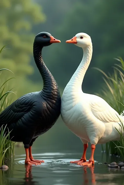 3D painting of a black and a white goose 