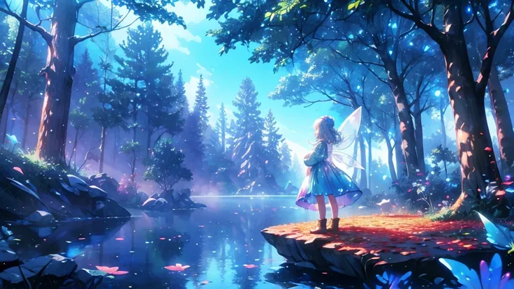 a glowing fairies stood from afar on the forest, fairy from a distance, landscape, clear blue sky and fantasy world forest, rocks, tree branches, fallen leaves, birds, The scene is depicted in a highly saturated and vibrant style, intense and rich colors v...