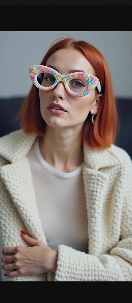 Woman with short red Chanel hair wearing Pixar crochet glasses 