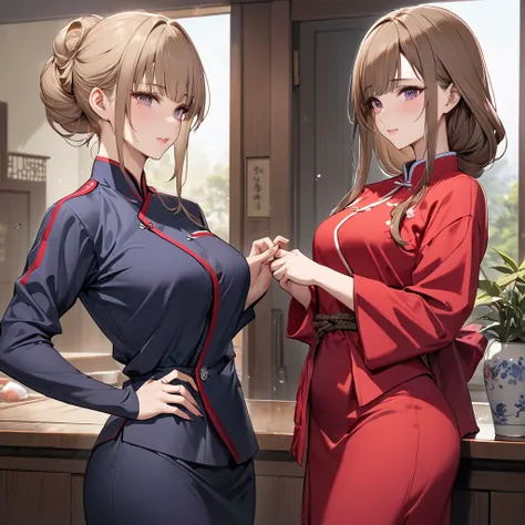 ((Best Quality)), ((masterpiece)), (detailed), （Perfect Face）、The woman is Yuuki Asuna, a beautiful Japanese woman with light brown hair, beautiful proportions, an engagement ring, and the hairstyle and makeup of a North Korean woman that the Shogun likes....