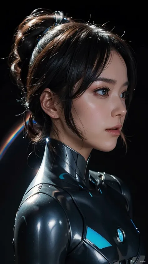 70s sci-fi female robot completely made up of glass , Side profile, staring into the sky against a black background with eyes flashing with rainbow light effects, using this art by Hajime Sorayama as a reference for style