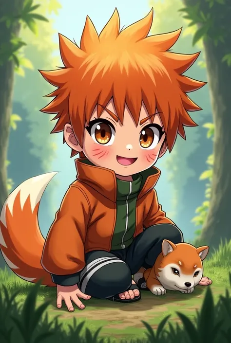 Draw a child with orange hair, with brown eyes, of brown skin color and belonging to the Inuzuka clan of Naruto