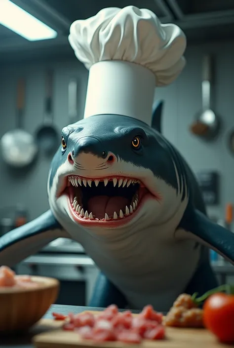 Shark with chef&#39;s hat exerting force 