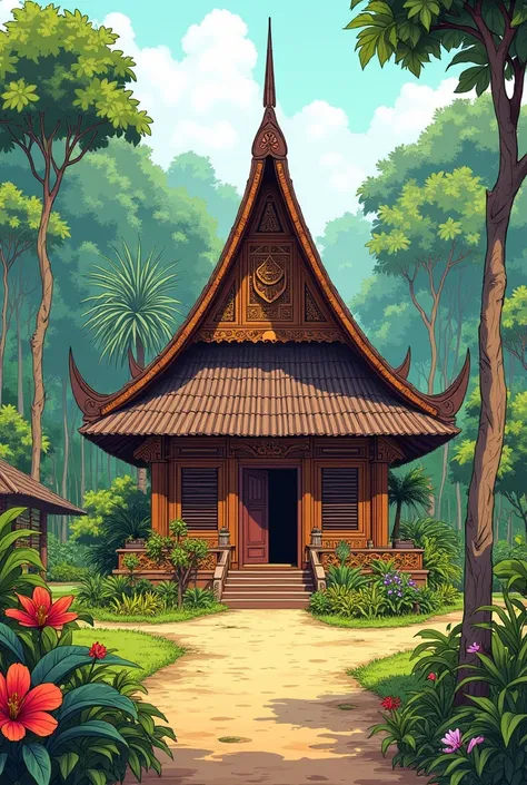 draw me a colored art sketch of a medium-sized East Kalimantan Lamin house, facing forward, and its beautiful and wonderful local diversity