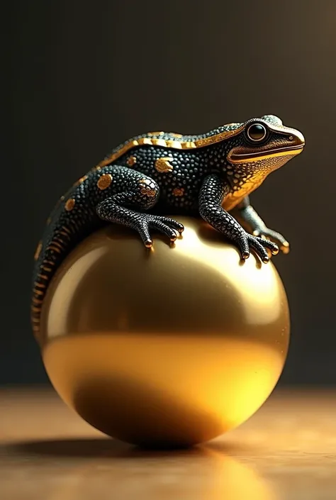 luxurious cute black gold newt lying on a top of a golden ball

put more gold accent in newts body

make the newt made out of recycled plastic materials

the theme is RECYCLED PLASTIC materials

SCRAP MATERIALS 