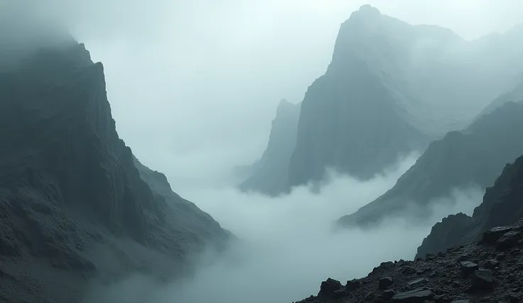 The image begins with a barren and desolate mountainous landscape, shrouded in fog