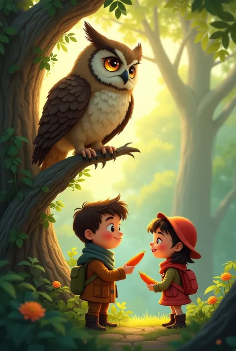 What does Wise Owl suggest Tim and Tina do to have enough energy for their journey, and how does Tim feel about it at first? How does Tim feel after eating the carrot Tina shares with him, and what lesson does he learn about healthy food?