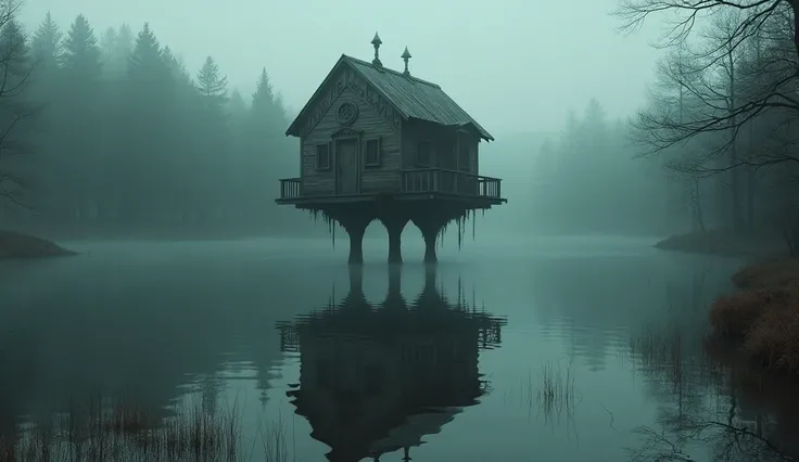 a forest hut on chicken legs in the middle of a dark gloomy lake