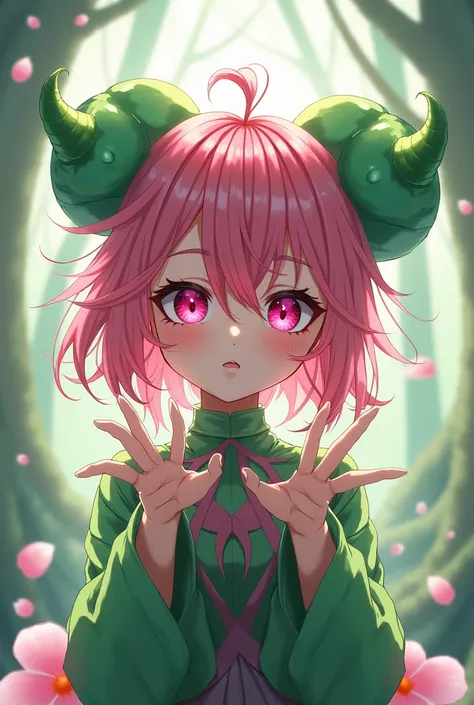 anime girl, pink and green hair, red strand, pink and green eyes, green horns, three hands