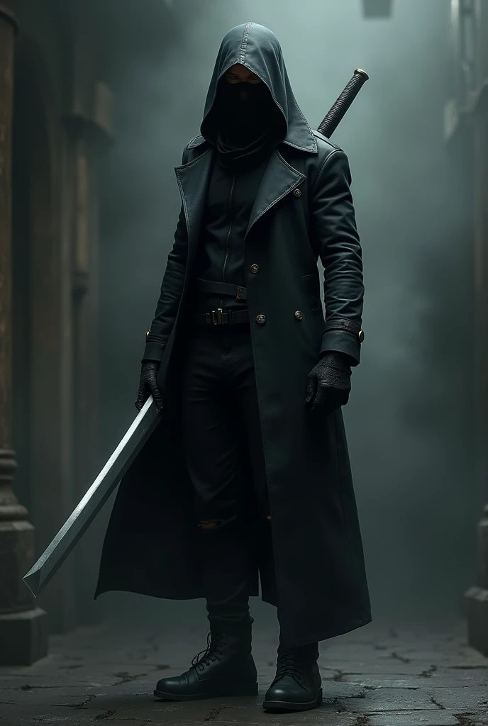 [mask，assassin，male，Carrying a 2-meter-long thin knife on his back