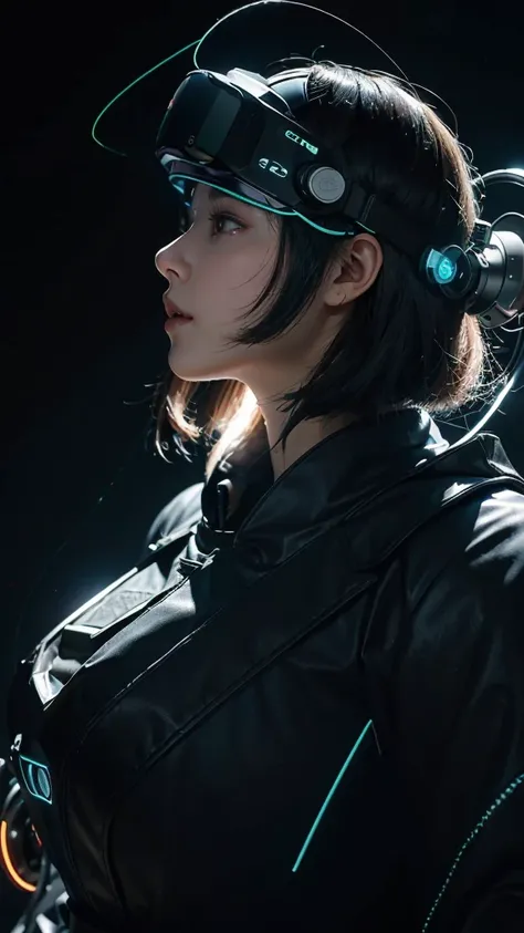 70s sci-fi female robot completely made up of glass , cyber robotic head gear, A VR like futuristic over the head, head gear, and wires connected to VR headset, Side profile, staring into the sky against a black background with eyes flashing with rainbow l...