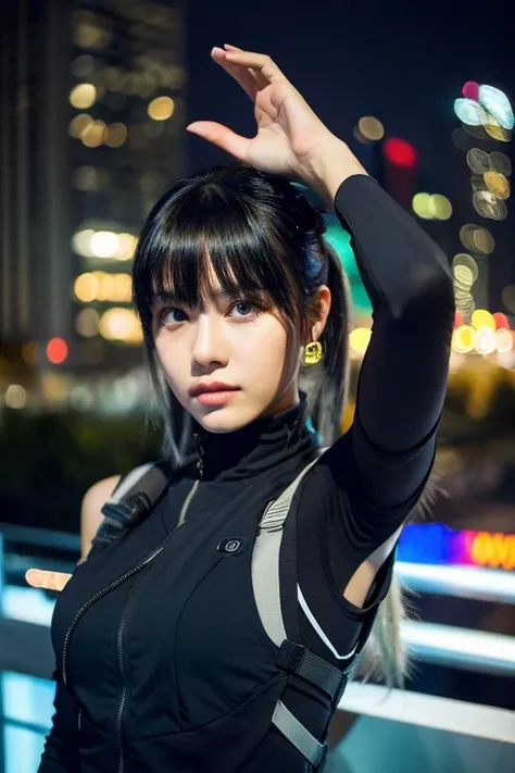 A young woman with long, wearing a tactical black vest in a high-quality, urban setting. She has straight, white hair with bangs that frame her face, and her expression is serious, with sharp, intense eyes that convey a sense of determination. The overall ...