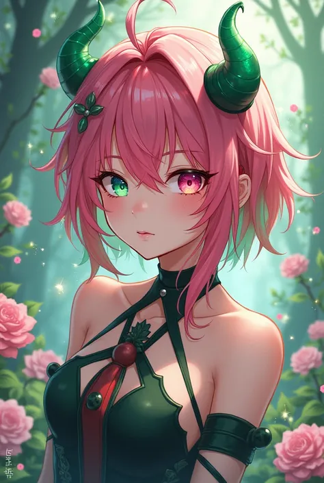 anime girl, pink and green hair, red strand, pink and green eyes, green horns