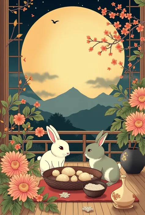 Please draw it in ink painting style.。
The harvest moon and、
Chrysanthemum and awn flower arrangement、
The Rabbit and the Frog from Choju-giga、
Moon viewing rice dumplings and sake。
Please write in a Japanese-style house with a veranda.。