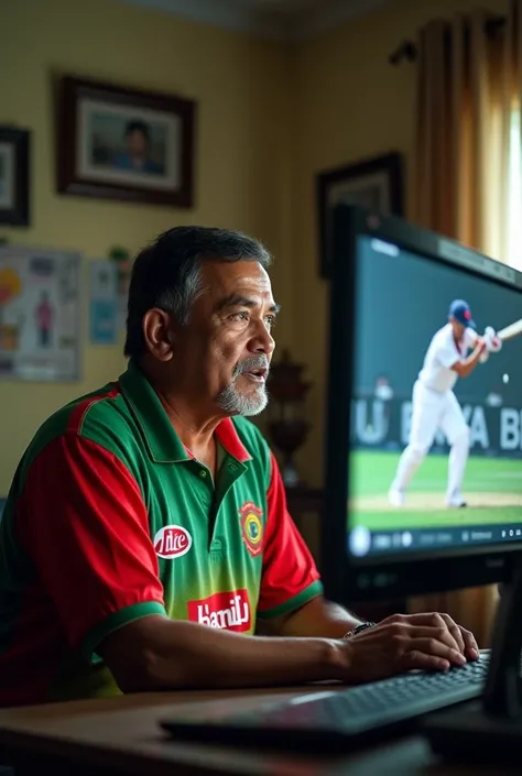 A bangladeshi man with bangladesh cricket board jearsy seeing cricket in computer