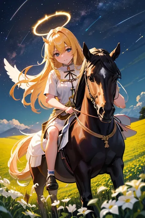 horse　　Thoroughbred　金色のhorse　Gold Mane　Black, round eyes　Angel Halo　Golden Wings　White Gypsophila flower field　Soft atmosphere　優しく微笑む金色のhorse　horse単体　金色のhorse　Moonlit Night　Meteor Shower　　深夜に輝く金色のThoroughbred　There is no one here　There are no people　Thorou...