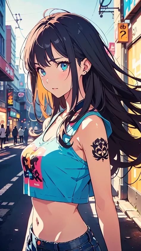 Masterpiece, high-quality, Anime girl with long black hair and bangs, pale skin, wearing a graphic tee and distressed denim shorts, barcode tattoo on midriff, three-quarter view portrait. Break, Cyberpunk cityscape background with fragmented urban structur...