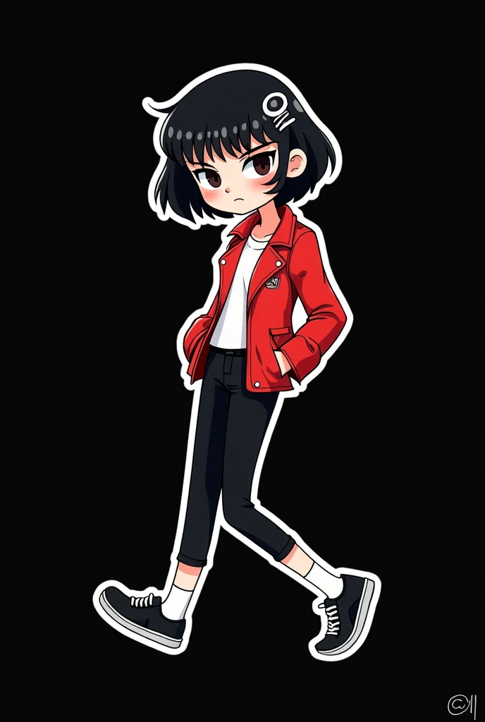 sticker no shadow , minimal, disney style,on black background , Black ink lines with soft watercolor accents. Border trim around 40px, (high resolution) , no noise pixel ,((masterpiece)) ,8K Octane,  High Resolution, Best Quality, 1girl, Short Hair, Bangs,...