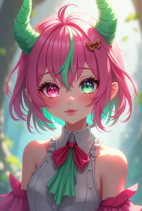 anime girl, pink and light green hair, red strand, pink and green eyes, light green horns