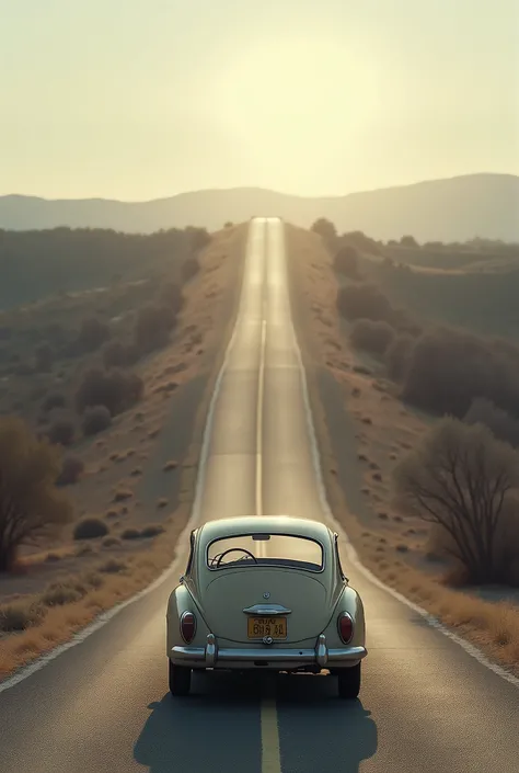 A hyper-realistic image of a long, straight road stretching into the distance, ascending towards the horizon. At the bottom of the image, close to the camera, there is a vintage car viewed from the back, parked at the start of the road. The car has classic...