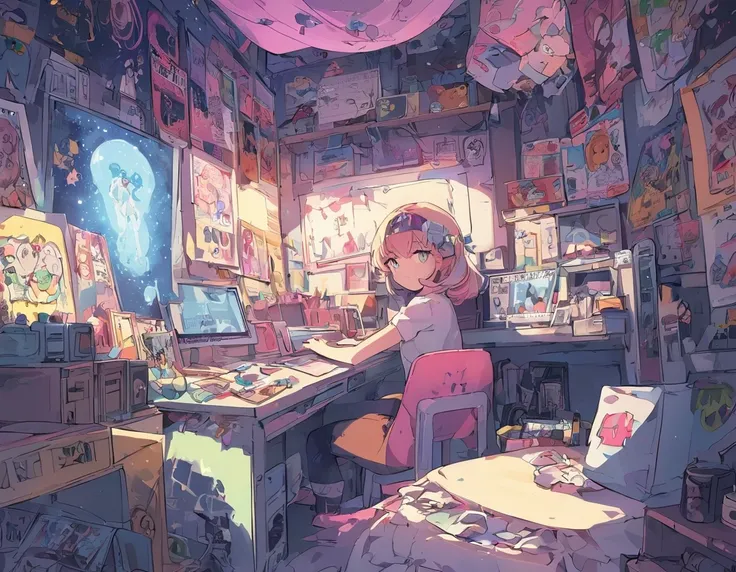 comic Create a vivid and nostalgic 80s-inspired misc hand-drawn illustration of Artgerms comics art style, featuring a young gamer girl with an alluring appearance, She is immersed in her bedroom at night playing retro games under the soft light from her c...