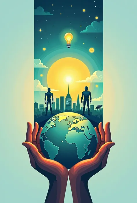 

"A simple bookmark design with a rising sun over a futuristic city, icons of a lightbulb, robot, and solar panel in the middle, and two hands holding a globe at the bottom, using blue, green, and yellow colors to represent science and technology supporti...