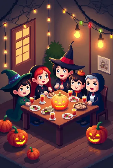 cozy halloween party  pixel art
