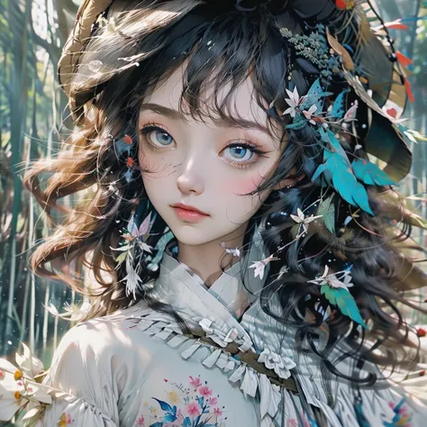 sparkling ，wild style+Japanese RPG mobile game style，Hand Painted+Chinese traditional painting brushstrokes+Japanese watercolor、Clear coat painted，Secret garden in the forest，With hanging plants and specialty flowers，On cliff branches，Lying down is a beaut...