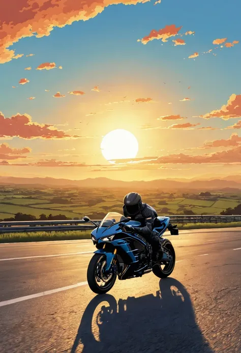 (minimalism:1.4), draw a simple tintin style art of a kawasaki ninja h2r motorbike track sunset clouds , studio ghibli art, miya...