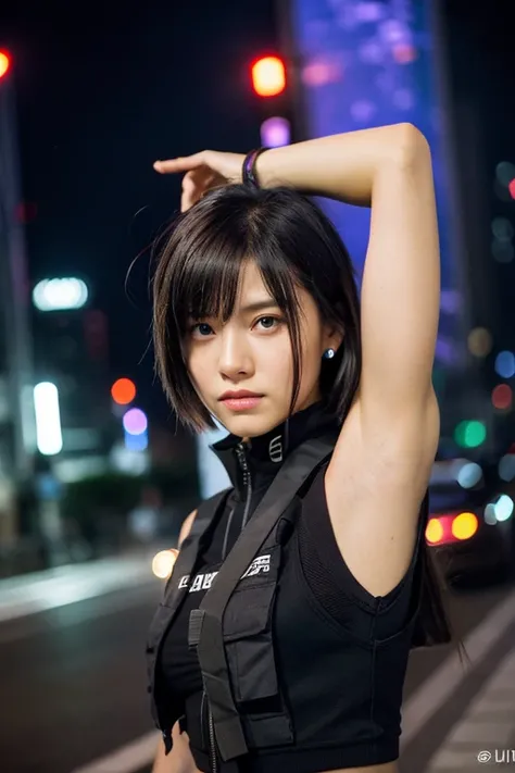 A young woman with long, wearing a tactical black vest in a high-quality, urban setting. She has straight, white-hair with bangs that frame her face, and her expression is serious, with sharp, intense eyes that convey a sense of determination. The overall ...